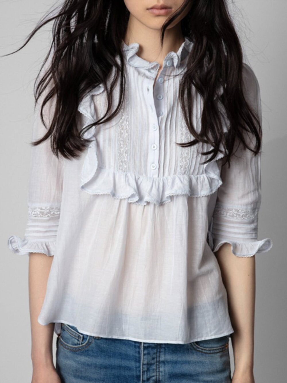 NWT $328 Zadig & Voltaire TIX Ciel Blue Pleated Lace Trim Button Blouse Top